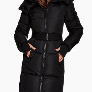 SAM. Black Quilted Long Puffer Coat with Belt